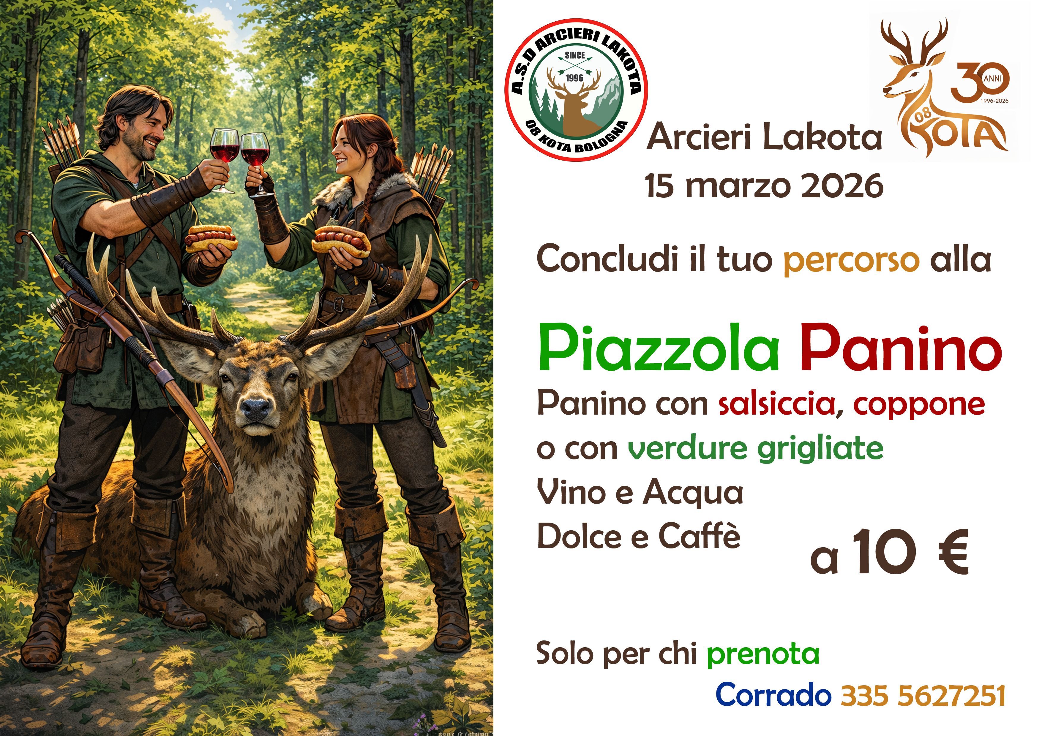 Panino con salsiccia, acqua e vino, dolce e caffè